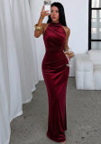 Women Halter Neck Gold Velvet Ruched Mermaid Formal Party Bodycon Dress