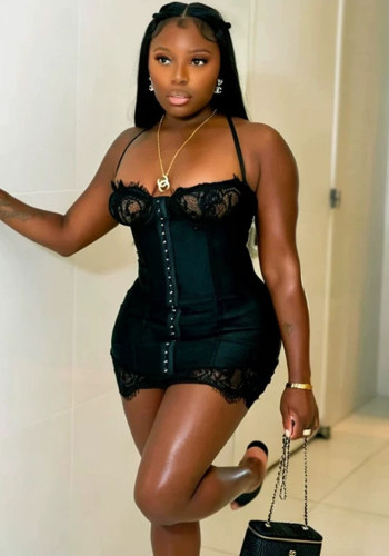 Women Black Lace Spaghetti Strap Bodycon Dress