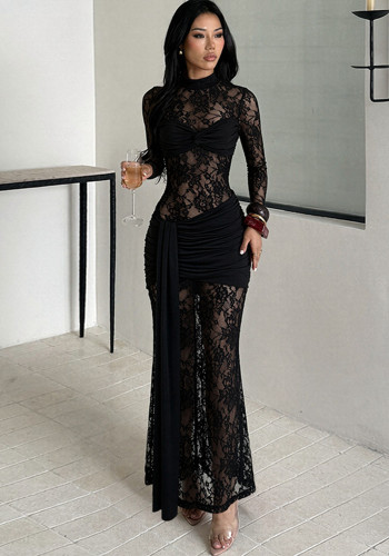 Women See-Through Lace Turtleneck Long Sleeve Top & Knot Sash Mermaid Skirt Two Piece Set