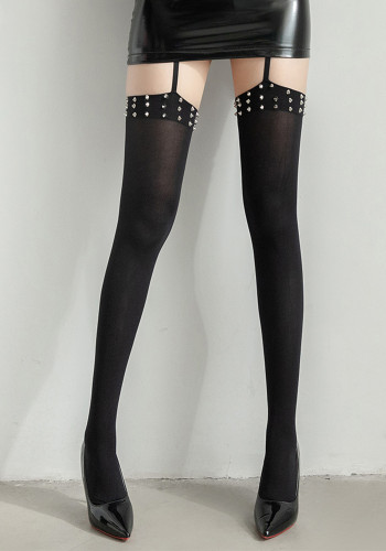 Women Lingerie Basic Stretchy Thigh High Stockings, Studded Black Suspender Pantyhose