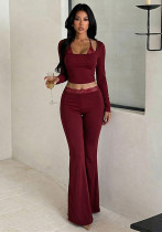 Women Burgundy Lace Halter Neck Long Sleeve Crop Top & Bell Bottom Long Pants Two Piece Set Women Burgundy Lace Halter Neck Long Sleeve Crop Top & Bell Bottom Long Pants Two Piece Set