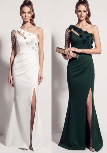 Plus Size Women Beaded & Floral Applique One Shoulder Fringe Chain Slit Evening Dress