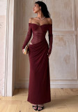 Women Off Shoulder Mesh Patchwork Long Sleeve Ruched Slit Formal Party Dress