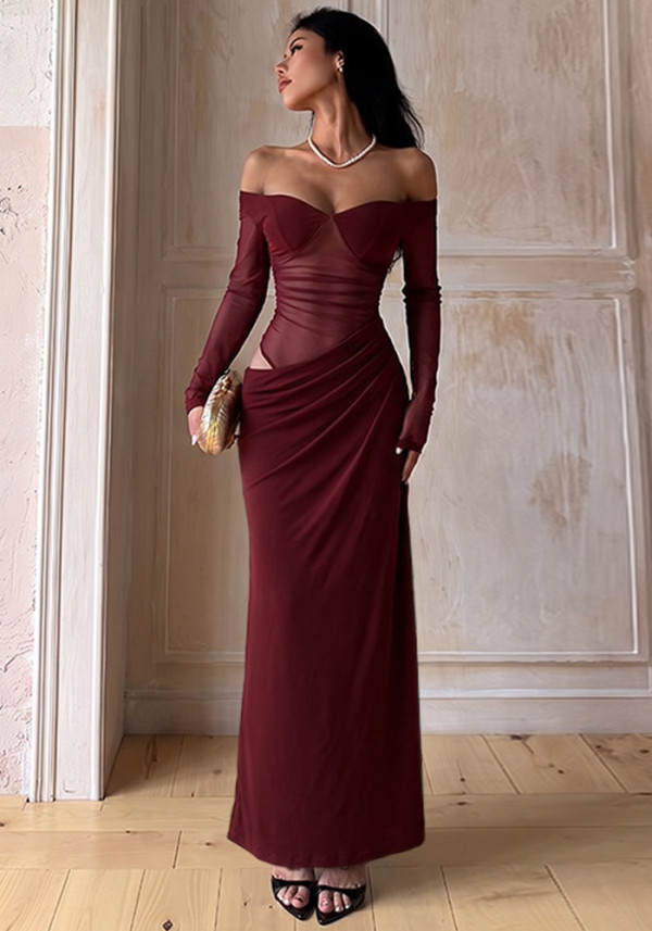 Women Off Shoulder Mesh Patchwork Long Sleeve Ruched Slit Formal Party Dress