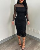 Women Solid Beaded Mesh Patchwork Dress