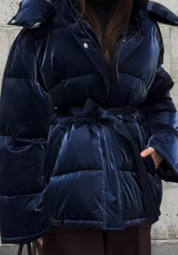 Women Winter Casual Belted Hooded Padded Coat