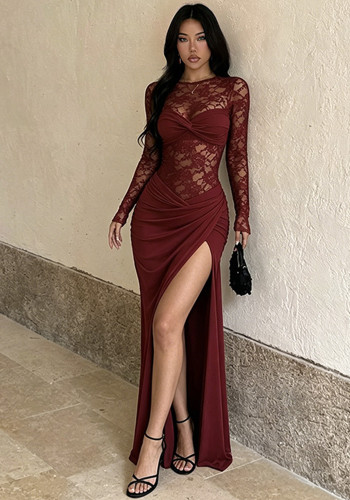 Women Burgundy Lace See-Through Sexy Patchwork Slit Dress