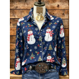 Christmas Snowman Snowflake Print Long Sleeve Shirt