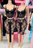 Women Sexy Spaghetti Strap Lace Cutout Mesh Top & Capri Pants Two Piece Set