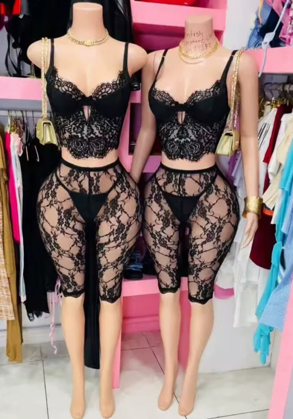 Women Sexy Spaghetti Strap Lace Cutout Mesh Top & Capri Pants Two Piece Set