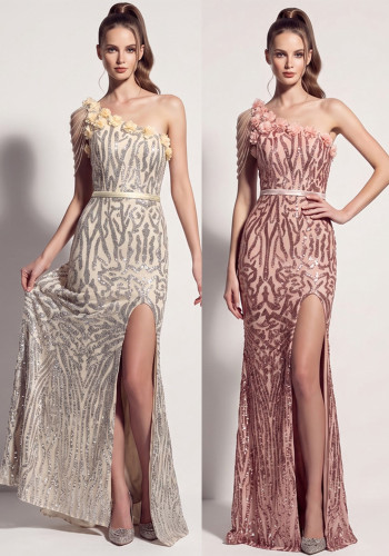 Plus Size Women Sequin Beaded Floral Applique One Shoulder Fringe Chain Mermaid Evening Dress