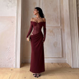 Women Off Shoulder Mesh Patchwork Long Sleeve Ruched Slit Formal Party Dress
