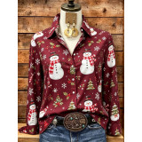 Christmas Snowman Snowflake Print Long Sleeve Shirt