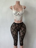Women Sexy Spaghetti Strap Lace Cutout Mesh Top & Capri Pants Two Piece Set