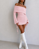 Women Off Shoulder Turndown Collar Long Sleeve Side Drawstring Bodycon Dress