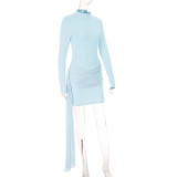 Women Sexy Stand Collar Ruched Mini Dress