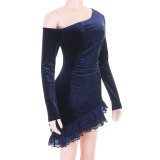 Women Off Shoulder Long Sleeve Velvet Slash Shoulder Mini Dress