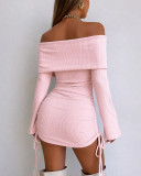 Women Off Shoulder Turndown Collar Long Sleeve Side Drawstring Bodycon Dress