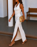 Women Fall Winter Halter Neck V-Neck Rivet Bodycon Backless Lace-Up Slit Maxi Dress