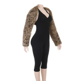 Women Leopard Print Faux Fur Shawl Coat
