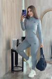 Women Stretch Yoga Outfit Stand Collar Zip Jacket & Pant Two Piece Set