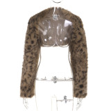 Women Leopard Print Faux Fur Shawl Coat