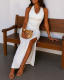Women Fall Winter Halter Neck V-Neck Rivet Bodycon Backless Lace-Up Slit Maxi Dress