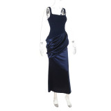 Women Patchwork Draped Ruched Long Formal Party Bodycon Dress
