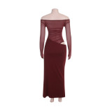 Women Off Shoulder Mesh Patchwork Long Sleeve Ruched Slit Formal Party Dress
