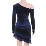 Women Off Shoulder Long Sleeve Velvet Slash Shoulder Mini Dress