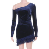 Women Off Shoulder Long Sleeve Velvet Slash Shoulder Mini Dress