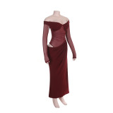 Women Off Shoulder Mesh Patchwork Long Sleeve Ruched Slit Formal Party Dress