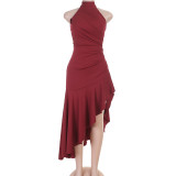 Women Sexy Spaghetti Strap Backless Ruffled Asymmetrical Dress