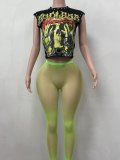 Women Punk Skull Print Short Sleeveless Mesh Top & Pant Two Piece Set