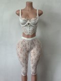 Women Sexy Spaghetti Strap Lace Cutout Mesh Top & Capri Pants Two Piece Set