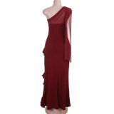 Women Elegant Mesh Patchwork Halter Neck Slit Dress