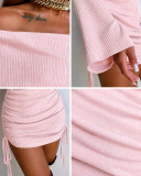 Women Off Shoulder Turndown Collar Long Sleeve Side Drawstring Bodycon Dress