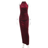 Women Halter Neck Gold Velvet Ruched Mermaid Formal Party Bodycon Dress