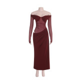 Women Off Shoulder Mesh Patchwork Long Sleeve Ruched Slit Formal Party Dress