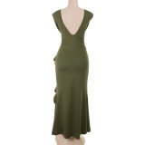 Women Cowl Neck Slit Sleeveless Ruffled Maxi Dress
