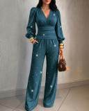 Women Fall Winter V-Neck Lantern Sleeve Ruched Top & Draped Wide Leg Pants Two Piece Set