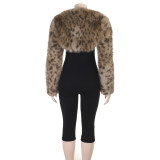 Women Leopard Print Faux Fur Shawl Coat