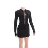 Women Long Sleeve Lace-Up Patchwork Black Bodycon Dress