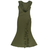 Women Cowl Neck Slit Sleeveless Ruffled Maxi Dress