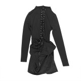 Women Long Sleeve Lace-Up Patchwork Black Bodycon Dress