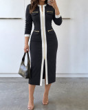 Women Fall Winter Stand Collar Double Zipper Pocket Dress