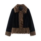 Women Fall Winter Fleece Patchwork Long Sleeve Coat