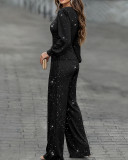 Women Fall Winter V-Neck Lantern Sleeve Ruched Top & Draped Wide Leg Pants Two Piece Set