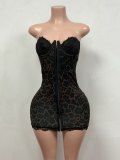 Women Leopard Print Lace Trim Zipper Bodycon Dress