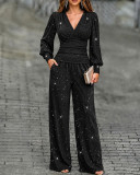 Women Fall Winter V-Neck Lantern Sleeve Ruched Top & Draped Wide Leg Pants Two Piece Set